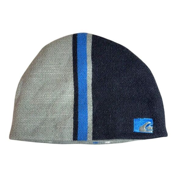 Quiksilver Reversible Knit Beanie Hat Grey Black Blue Striped Logo Surfer Adults - Picture 5 of 8